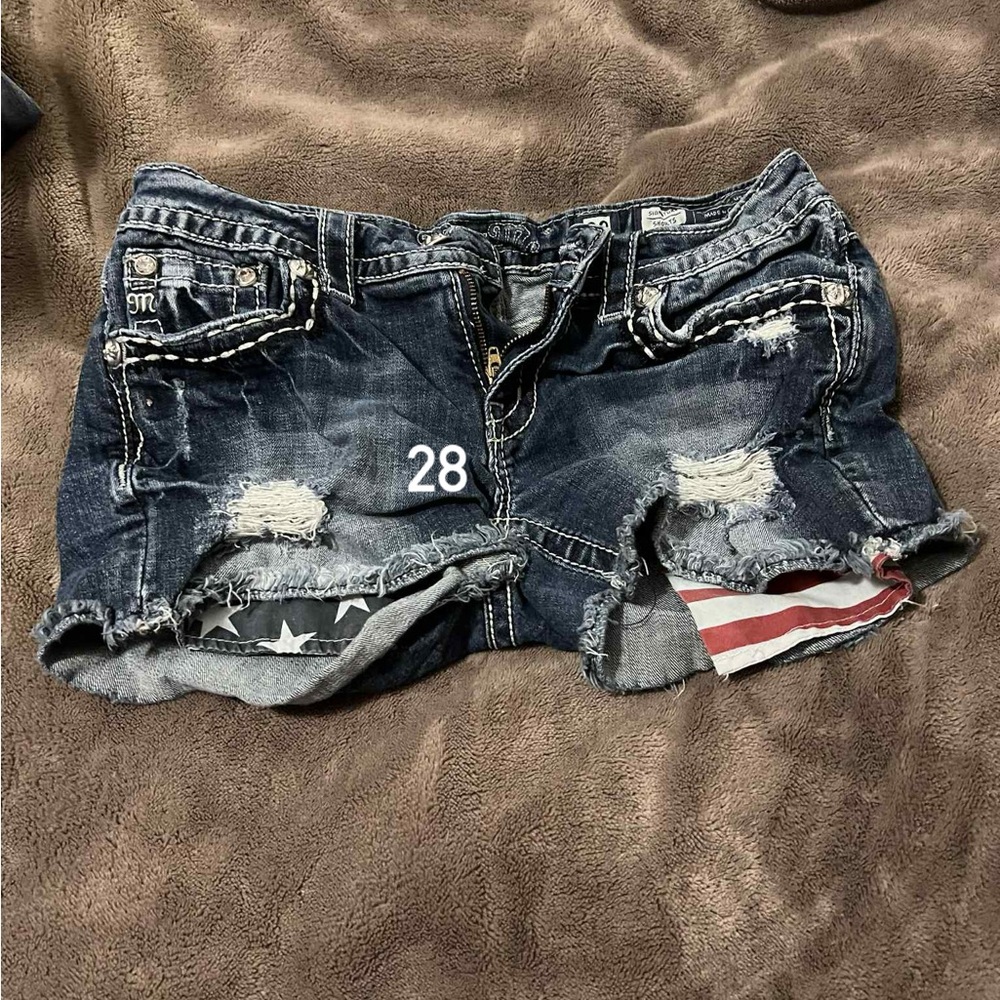 Miss Me Dark Blue Distressed Jean Shorts with Flag Detail